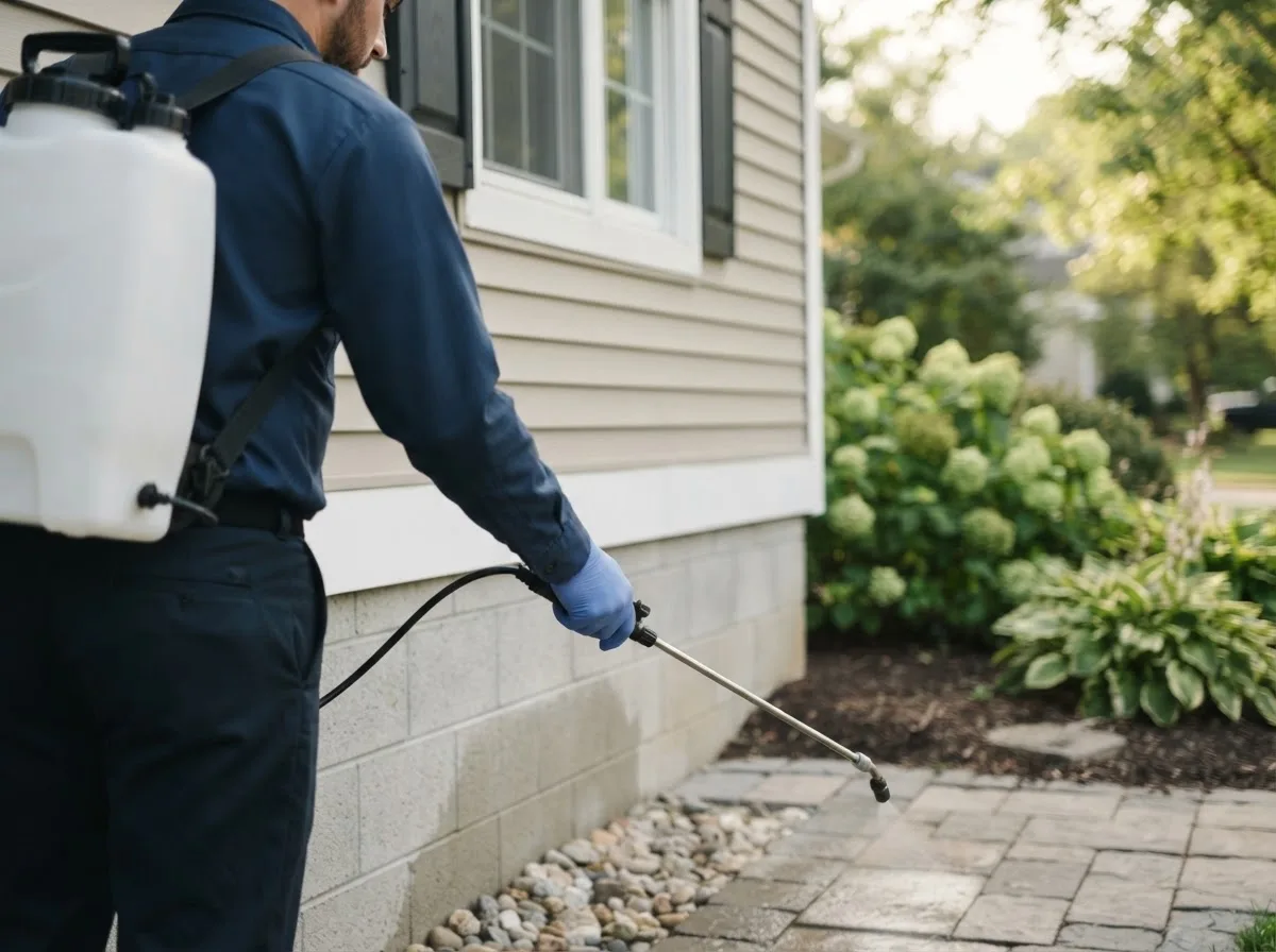 Pest control technician inspecting a home in Pocahontas, IL